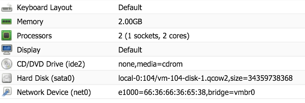 Proxmox screenshot with hardware configuration